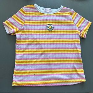 Stella Tweed Girls Medium M Striped Y2K Retro Ribbed Shirt Top Blouse Pink Daisy